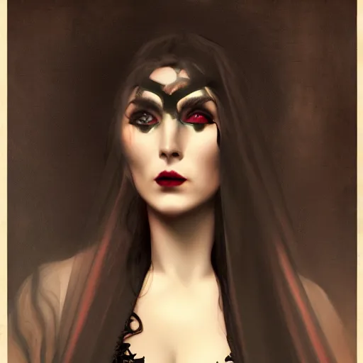 Prompt: Demonic beautiful vampire woman mistress of death mourning widow vintage gown with a faint smile dark lipstick, emerging from dark fog and smoke, colourful trending artstation, detailed portrait academic caravaggio Bouguereau, sharp focus medium shot