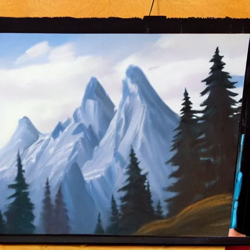 Image similar to a closeup photorealistic photograph of bob ross working on a canvas painting of superman. film still. brightly lit scene. mountains and trees. this 4 k hd image is trending on artstation, featured on behance, well - rendered, extra crisp, features intricate detail, epic composition and the style of unreal engine.