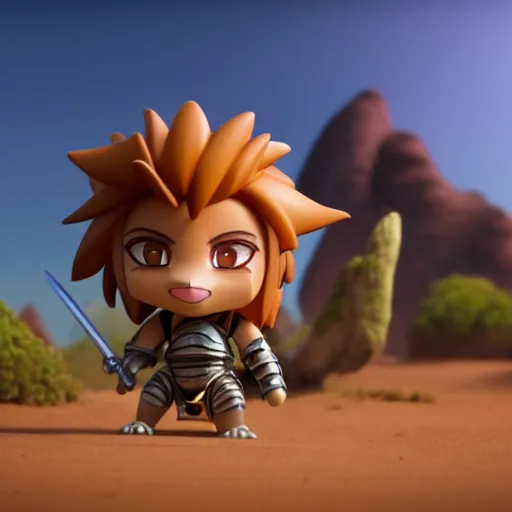 Image similar to antropomorphic knight lion warrior as nendoroid walking in a desert in the croods movie style, anime, disney, pixar, 8 k, hd, dof, kodak film, volumetric lighting, subsurface scattering, photorealistic, octane render, details