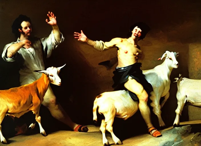 Prompt: man dancing with goats by francisco de goya and greg rutkowski, detailed masterpiece oil painting