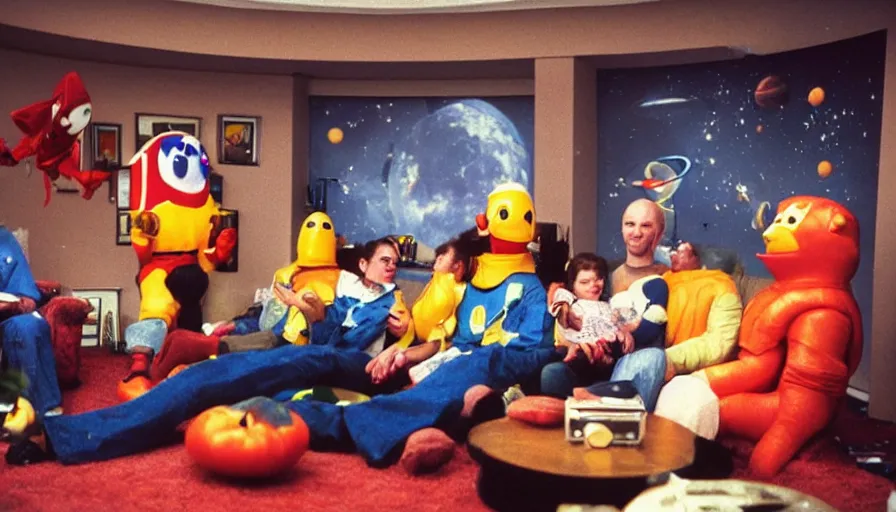 Prompt: 1990s candid photo of a beautiful day in the living room, cinematic lighting, cinematic look, golden hour, large costumed mascot business fruit people giving spaceship presentations to families, Enormous personified business fruit people with outstandingly happy faces coming out of a portal and talking to families about space and planets, UHD