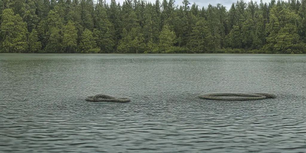 Image similar to centered photograph of a long rope snaking across the surface of the water, floating submerged rope stretching out towards the center of the lake, a dark lake on a cloudy day, mood, trees in the background, anamorphic lens, 4 k