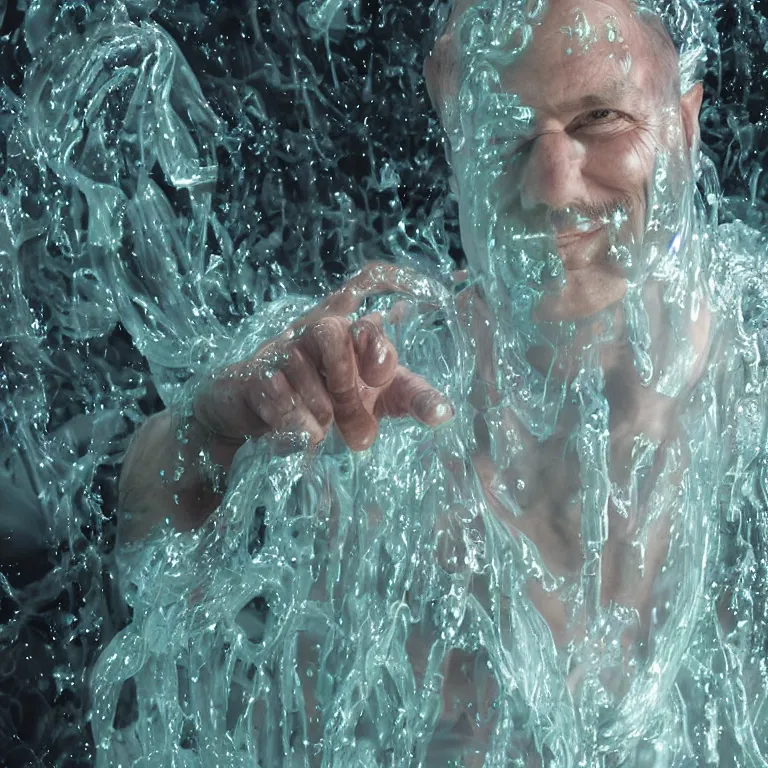 Prompt: octane render portrait by wayne barlow and carlo crivelli and glenn fabry, a man wearing a clear plastic suit filled with glowing colorful slime, inside a wet rocky cavern, cinema 4 d, ray traced lighting, very short depth of field, bokeh