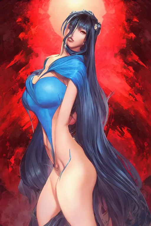 Image similar to Megan Fox in red back light using a pale blue summer dress in a blade and soul spinoff artbook rendered by the artist Taran Fiddler, Joe Madureira, Nadezhda Tikhomirova, Jiyun Chae, Lê Long, trending on Artstation by Hyung Tae Kim, artbook, Stanley Artgerm Lau, WLOP, Rossdraws , James Gurney