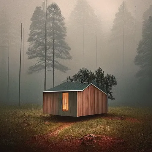 Image similar to “ swedish futuristic cabin next to the lake in the forest by simon stalenhag, misty morning, cinematic ”