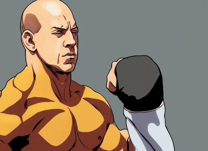 Image similar to landscape, long shot of distant vin diesel as saitama! punching!!! a car!!!!!! into space, hyperrealism, trending on artstation