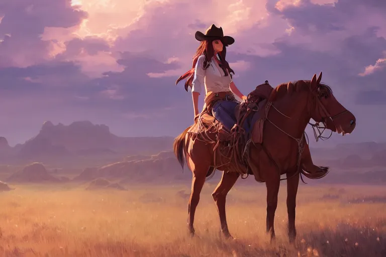 Image similar to western cowgirl in the badlands, single subject, scenic full shot, ambient lighting, detailed face, by makoto shinkai, stanley artgerm lau, wlop, rossdraws