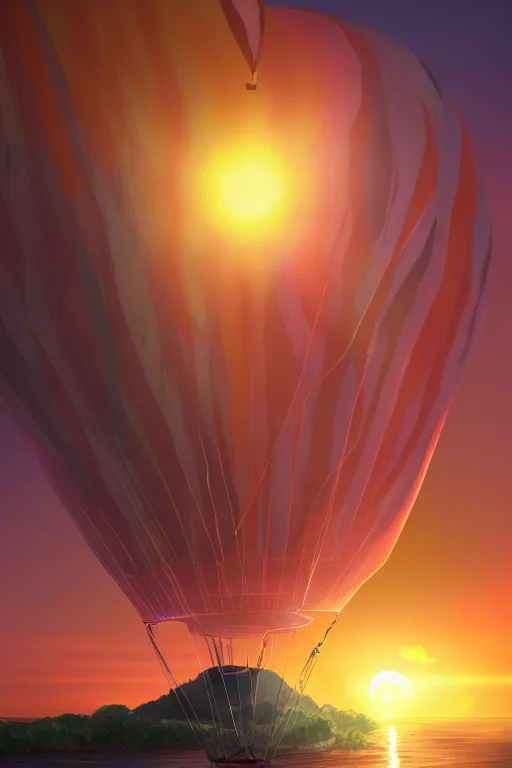 Image similar to sunrise mountain water hot air balloon digital art by amiyakinyu trending on artstation