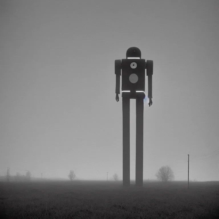 Prompt: a sole angular lanky liminal observer droid, in a brutalist yet rural landscape by simon stalenhag, 3 5 mm film photography, dawn, eerie fog