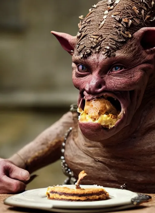 Image similar to closeup portrait of a medieval goblin eating cakes in the cloisters, depth of field, zeiss lens, detailed, symmetrical, centered, fashion photoshoot, by Annie Leibovitz and Steve McCurry, David Lazar, Jimmy Nelsson, Breathtaking, 8k resolution, extremely detailed, beautiful, establishing shot, artistic, hyperrealistic, beautiful face, octane render