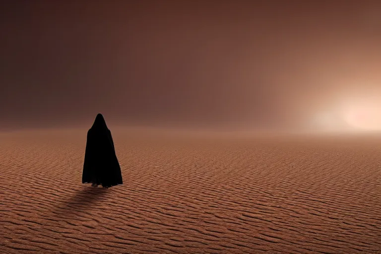 Image similar to mysterious figure in striking cloak walking through sandstorm in desolate desert, buried city, global illumination, hyper - realistic, insanely detailed and intricate, cinematic 8 k