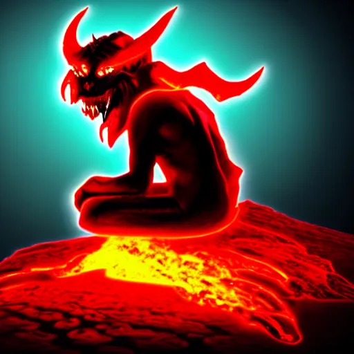 Prompt: a demon ~ using a laptop ~ lava background ~ sitting on a chair ~, 4 k, ultra hd