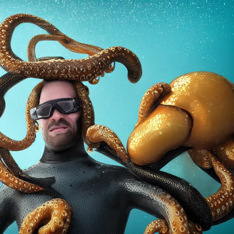 Prompt: octane render portrait by wayne barlow and carlo crivelli and glenn fabry, subject is a man in a wet suit with goggles with giant long golden octopus tentacles coming out of their mouth, cinema 4 d, ray traced lighting, very short depth of field, bokeh