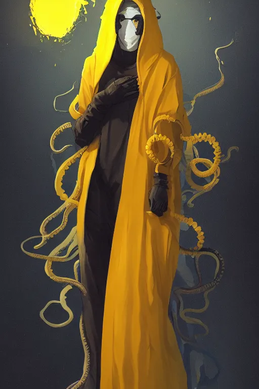 Image similar to A full body portrait of a mysterious character with no face with a very long yellow hooded cloak with tentacles coming out the bottom art by Maciej Kuciara and Jason Chan, trending on artstation, Ultra detailed, hyper realistic 4k