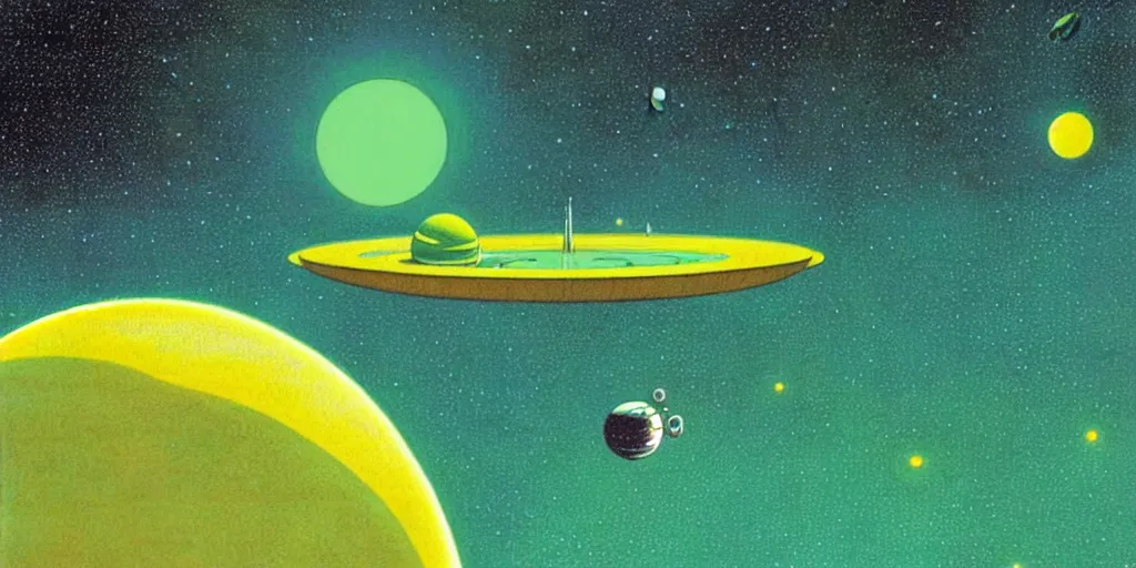 Prompt: A 1970s space station floating above a green and yellow planet in space, detailed illustration, Moebius