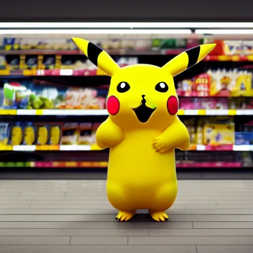 Image similar to Pikachu in a supermarket, matte painting, concept art, cgsociety, octane render, trending on artstation, artstationHD, artstationHQ, unreal engine, 4k, 8k