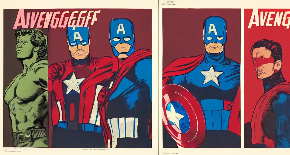 Image similar to A three color offset photography of the Avengers, exhibition, 60s style