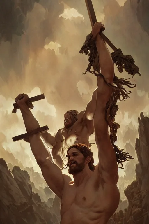 Prompt: crucified hulking herculean ogre jesus christ, masterpiece, intricate, elegant, highly detailed, digital painting, artstation, concept art, smooth, sharp focus, illustration, art by artgerm and greg rutkowski and alphonse mucha and uang guangjian and gil elvgren and sachin teng, symmetry!!