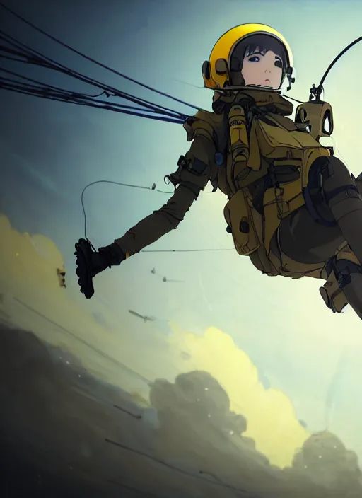 Prompt: portrait of pilot girl parachuting behind enemy lines, black sky background, chaotic landscape, illustration concept art anime key visual trending pixiv fanbox by wlop and greg rutkowski and makoto shinkai and studio ghibli and kyoto animation, kaki body suit, wires, halo, short body, yellow oxygen mask and helmet, military gear, grimdark, volumetric lighting