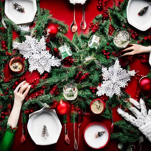 Prompt: [ creepy christmas ]!! aesthetic!!, trending on unsplash, [ 4 k photorealism ]!!, professional photography, [ overhead view of a table ]!!, shot by jimmy nelson