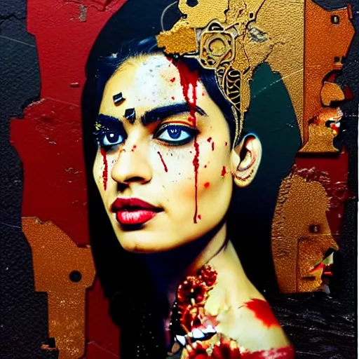 Prompt: portrait of pakistani woman :: side profile :: in ocean :: clockwork details :: gold :: blood and horror :: by vikings and Sandra Chevrier