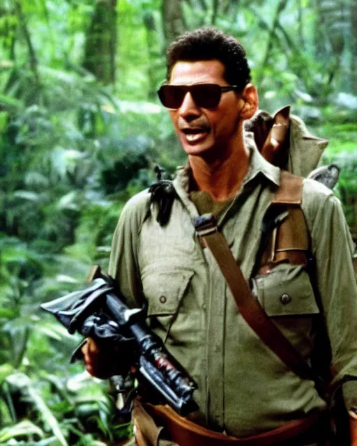 Prompt: Jeff Goldblum as Major Dutch in Predator, 1987, movie still