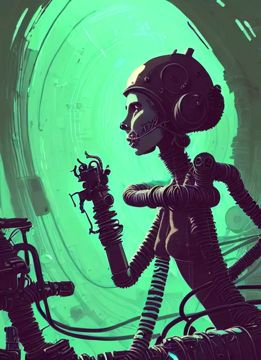 Image similar to highly detailed portrait of an moody wasteland punk long dripping green poison hair tribal lady, stray wiring by atey ghailan, james gilleard, by joe fenton, by greg rutkowski, by greg tocchini, by kaethe butcher, 4 k resolution, gradient purple, brown black and white color scheme!!! ( ( green flaming robotic sewer background ) )