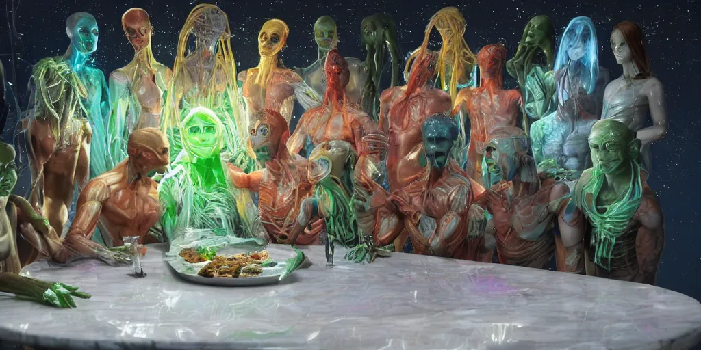 Image similar to !13 diverse aliens on !one_side of a !marble table, eating luxurios food !!posing_as_last_supper cinematic lighting, their clothes are high tech suits, intricate cables adorne their bodies and heads, neon, detailed implants, satin, crystal, liquid, surreal, floating, !!highly detalied, 8k, artstation, by Rolf Armstrong