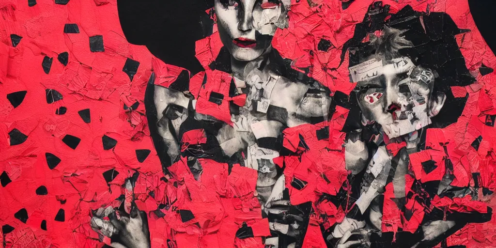 Image similar to rendered in blender flowerpunk girl, red and black, collage paper and tape, acrylic on canvas, hyperrealism mixed with expressionism, high resolution, cinematic, unreal 6, breathtaking detailed, by blake neubert