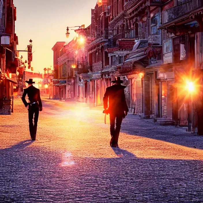 Prompt: a sunset light historical wild west broad empty street, duel between two cowboys, cowboy seen from the back, lots of sparkling details and sun ray's, blinding backlight, smoke, volumetric lighting, colorful, octane, 3 5 mm, saloon exterior, empty old town street, beautiful epic colored reflections, very colorful heavenly, softlight