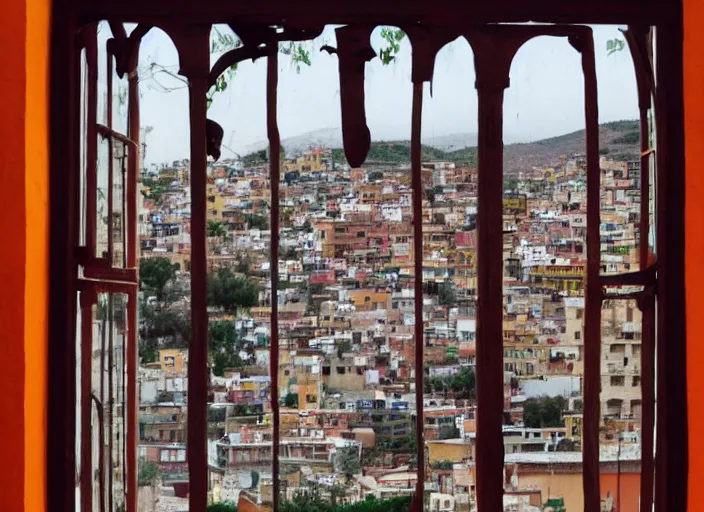 Image similar to symmetry!! seen through a window!! guanajuato city, by wes anderson