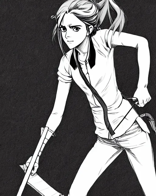 Prompt: a very detailed pencil drawing of emma watson in demon slayer manga panel, action lines, in field high resolution, dynamic pose, landscape, portrait, action, hyper realistic, manga, koyoharu gotouge, sakuga