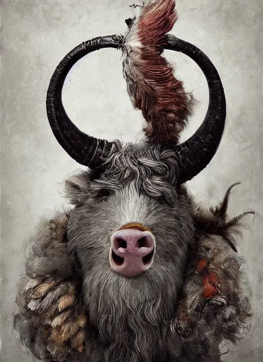 Image similar to a hyper detailed painting of an anthropomorphic joaquin phoenix as the king of animals, cow horns, pig nose, sheep wool, chicken feathers, horror, by anna podedworna, by miklos ligeti, by diego maricato, by taran fiddler, by antonino truisi, by chris reddie, on artstation