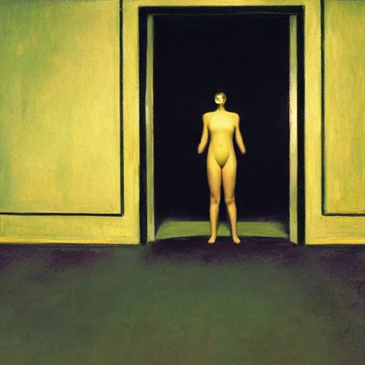 Image similar to a black scary monster in a gold haunted liminal abandoned room, hyperrealistic film still by edward hopper, by gottfried helnwein, by klimt, art noveau, highly detailed, strong lights, liminal, eerie, bright pastel colors,