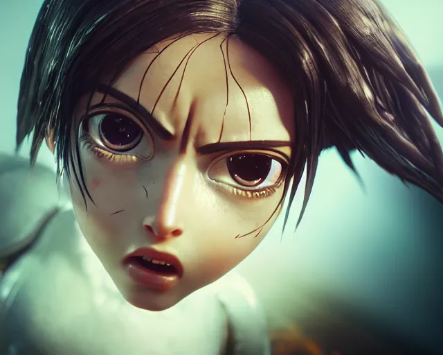 Image similar to battle angel alita, mouth open in awe, doe eyes, photorealistic, lifelike, portrait, octane engine, cinematic lighting, high detail, high resolution