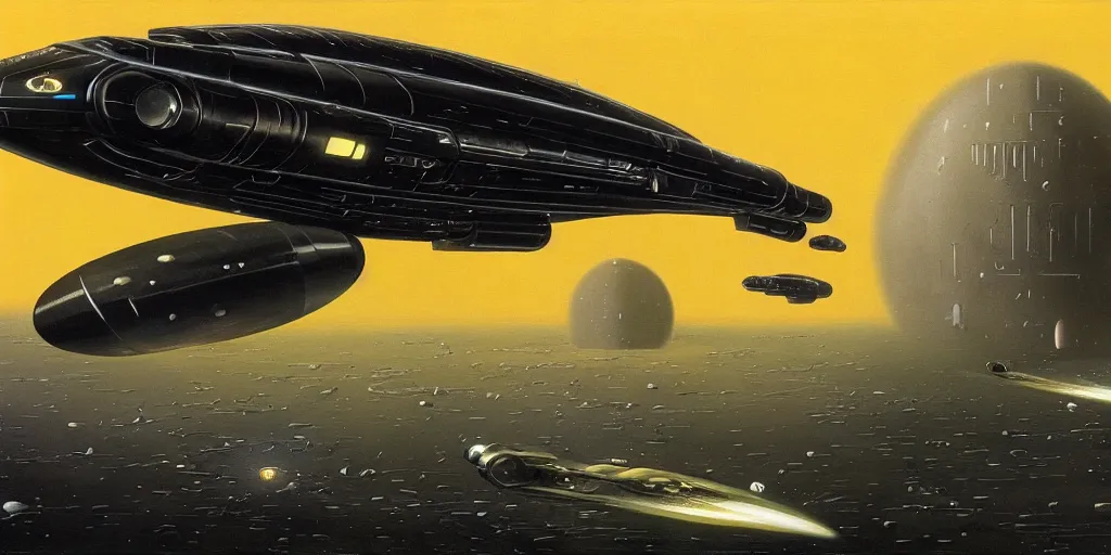 Prompt: a shiny black object shaped like a teardrop approaching a massive fleet of spaceships in space, h. r giger, vincent di fate, chris foss, beautiful and detailed painting, 8 k, high quality, trending on artstation and deviantart