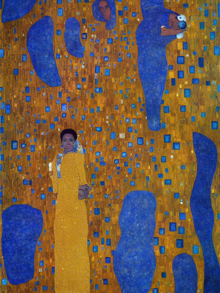 Image similar to a beautiful portrait painting of mahad magandi in front of the whole world united in the art style of Gustav Klimt, impasto oil painting, blue and golden color scheme