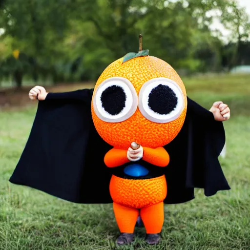 Prompt: an orange fruit character, little black eyes, wearing a superhero cape