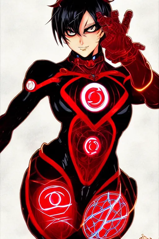 Image similar to anime key visual of a beautiful female red lantern!! intricate, red and black suit, glowing, powers, rage, anger, hate, dc comics, cinematic, stunning, highly detailed, digital painting, artstation, smooth, hard focus, illustration, art by artgerm and greg rutkowski and alphonse mucha