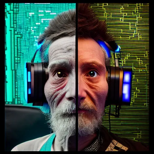 Image similar to Colour Photography of 1000 years old man with highly detailed 1000 years old face wearing higly detailed cyberpunk VR Headset designed by Josan Gonzalez Many details. Man playing Minecraft in VR . In style of Josan Gonzalez and Mike Winkelmann andgreg rutkowski and alphonse muchaand Caspar David Friedrich and Stephen Hickman and James Gurney and Hiromasa Ogura. Rendered in Blender