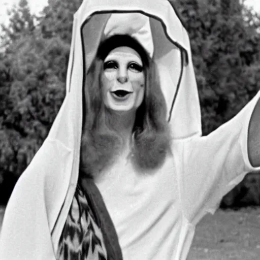 Prompt: 1970 hippie woman on tv show with a long prosthetic snout nose, big nostrils, wearing a robe in the park 1970 color archival footage color film 16mm holding a hand puppet Fellini Almodovar John Waters Russ Meyer Doris Wishman
