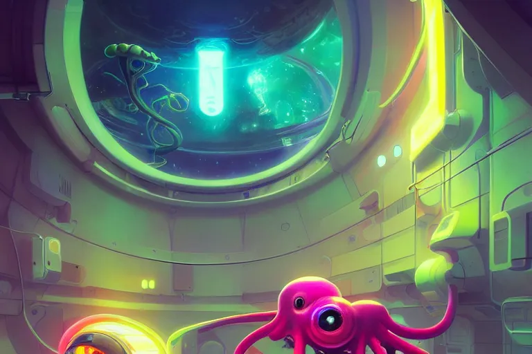 Prompt: adorable neon coloured baby octopus in a space station, elegant, intricate, retrofuturistic digital painting, artstation, concept art, smooth, sharp focus, illustration, art by artgerm and greg rutkowski and alphonse mucha