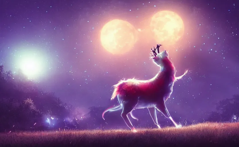 Image similar to a whimsical magical glowing creature in a night field, beautiful, cool dynamic lighting, moonlight, atmospheric, cinematic, highly detailed digital art