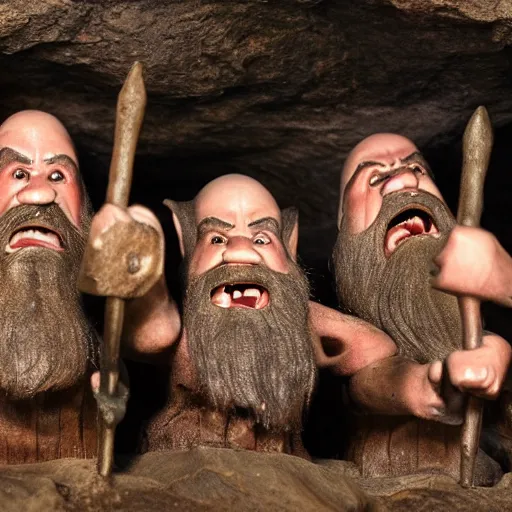 Prompt: four dwarves screaming in a dark cave
