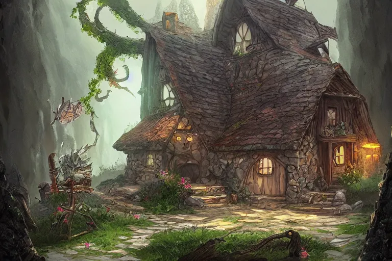 Image similar to A wizards cottage deep in the faywild, D&D concept art, artstation
