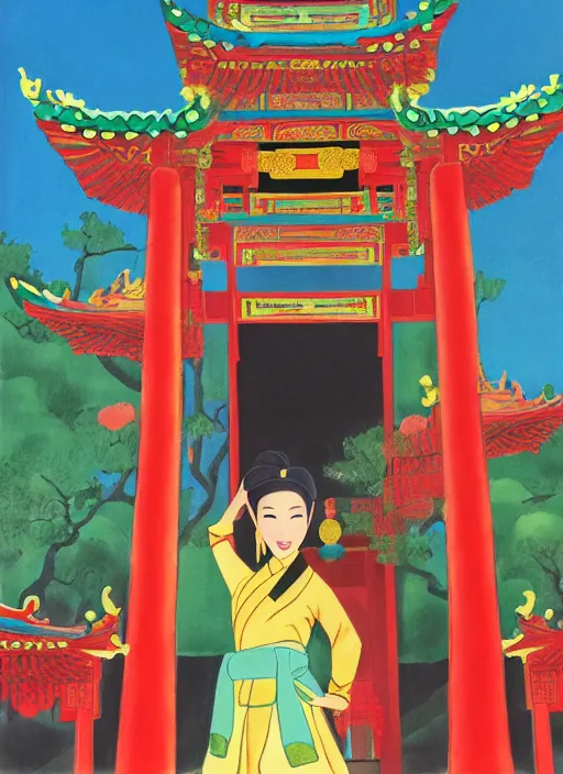 Prompt: mulan in front of chinese temple, by mary blair