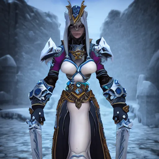 Prompt: gorgeous female paladin standing outside icecrown citadel. Cinematic. Photograph taken with Canon A40