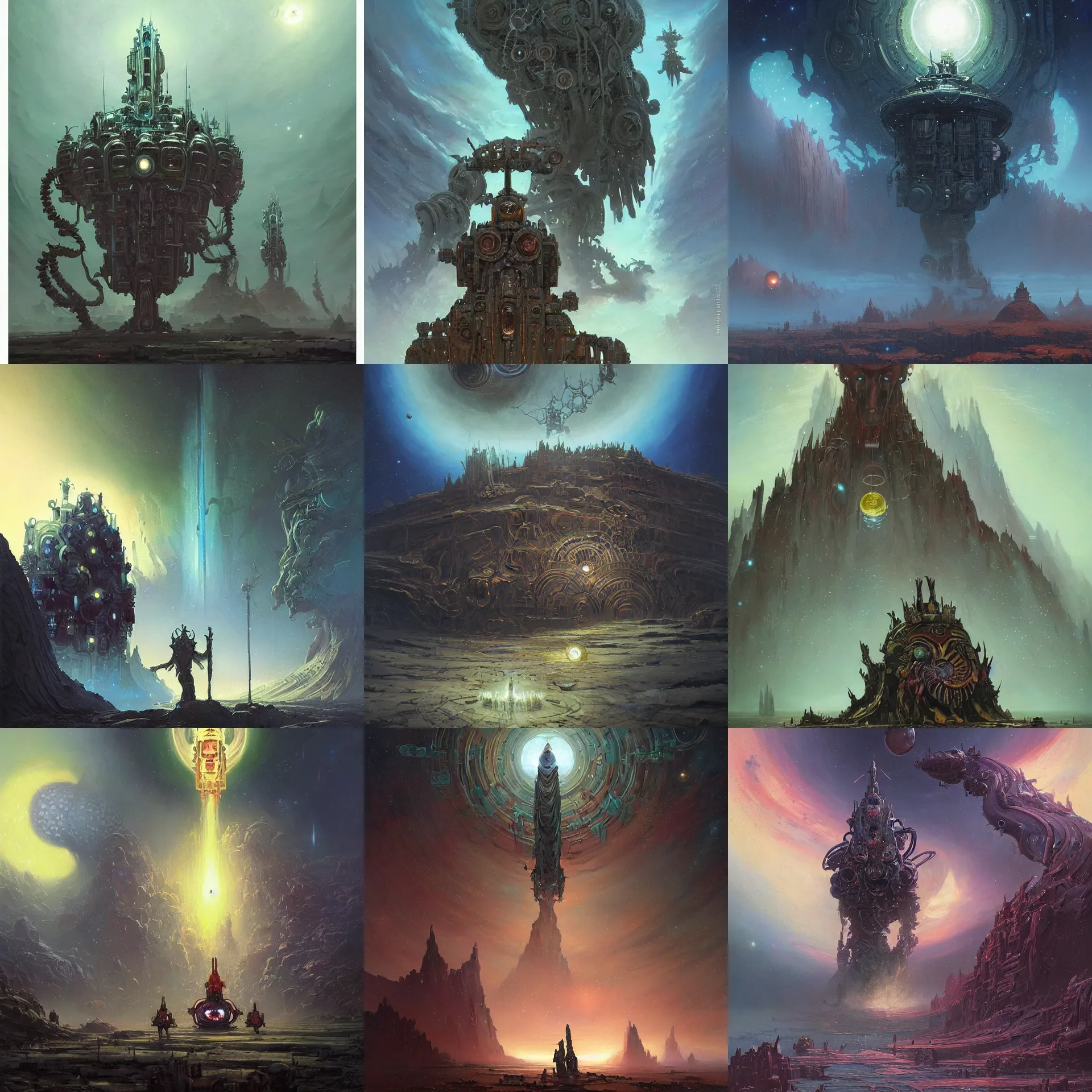 Prompt: beautiful oil painting, amazing unique dark sci-fi cover art of the great cosmic god machine by James Gurney and Greg Rutkowski and Tyler Edlin, amazing unique dark sci-fi cover art of the great cosmic god machine by James Gurney and Greg Rutkowski and Tyler Edlin, composition and color palette by Simon Stalenhag, composition and color palette by Simon Stalenhag, composition and color palette by Simon Stalenhag, sci-fi inspiration from Jim Burns and Bruce Pennington, behold the entrance to the great universe machine, atmospheric lighting, epic scale, enormous scale, dynamic angle, cinematic composition, sense of awe, amazing, wonder, imposing, divine, deep space, intricate details, artificial intelligence machine, artificial intelligence god, journey, fantasy elements, chaos beauty, award winning, genius, groundbreaking art, trending on art station, award winning, genius, groundbreaking art, trending on art station