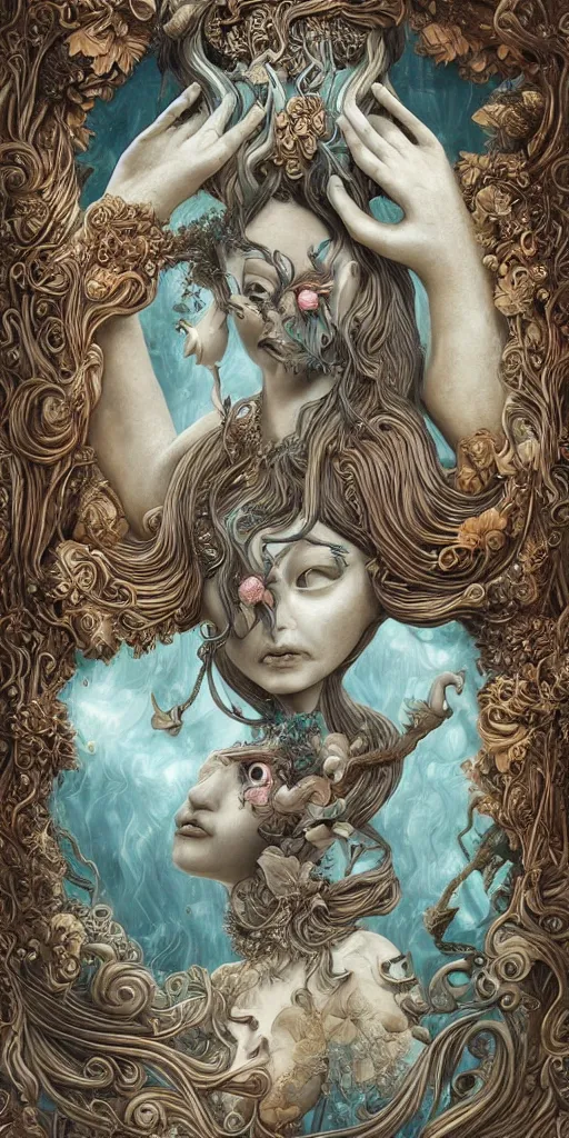 Prompt: a sculpture of mythical creatures by hannah yata, elegant and beautiful female face with her third eye open, carved in wood and stone, intricate, elegant, highly detailed, digital painting by audrey kawasaki, artstation, concept art, ambient occlusion, vray render,