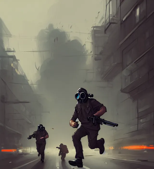 Prompt: a man wearing gas mask, holding shotgun, running on the street full of people, no one notice him. concept art by rossdraws, james jean, andrei riabovitchev, marc simonetti, sakimichan, trending on artstation